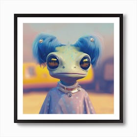 Retro Futuristic Frog Girl in Desert - Pastel Blue and Yellow Art Print