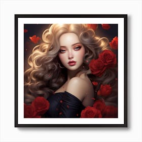 Girl With Red Roses Art Print