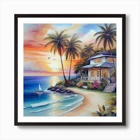 Beach House At Sunset 1 Art Print