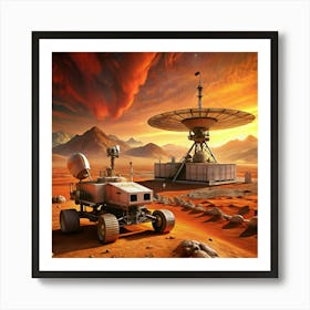 A Mars rover exploring a red planet, with a large satellite dish. Art Print