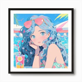 Cute Girl With Blue Hair Art Print