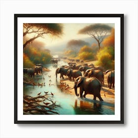 Elephants In The River Art Print