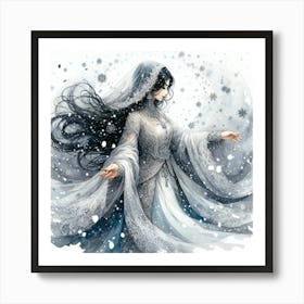 In A Wintry Wonderland A Graceful Lady Watercolor Art Print