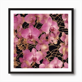 Seamless Pattern Of Elegant Orchid Floral Motifs In Pink, Adorned With Gold Lines 1 Art Print