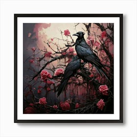 Firefly Dark, Atmospheric, Black Crows, Thorny Branches, Barren, Pink Roses, Striking Contrast, Goth (3) Art Print