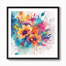 Vibrant Watercolor Splash With Floral Elements Art Print