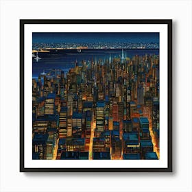 City View From Sea At Night Abstract Art Vibrant8k Resolution By Jacob Lawrence And Francis Pic Art Print