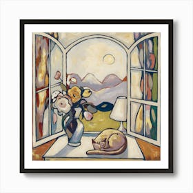 Matisse open window Vibrant Fauvism Artwork Featuring Relaxing Cat with outside landscape Affiche