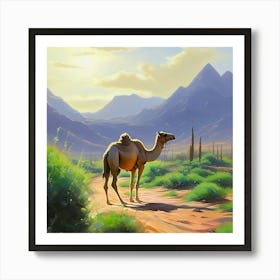 A Camel Walking In The Desert Amid Mountains And Green Plants Acrylic Painting Trending On Pixiv F Art Print