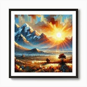 Cold Mountains Meet The Warm Morning Sun.AI 1 Art Print