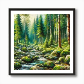 Stream In The Forest, Acrylic Painting Style 11 Poster