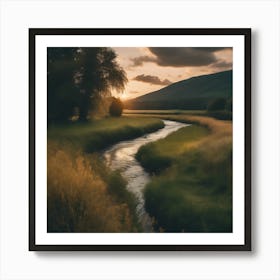 A Valley With A River, Trees, And Grass Under A Cl Esrgan Art Print