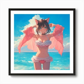 Cat Girl On The Beach Art Print