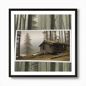 Small wooden hut inside a dense forest of pine trees with falling snow 5 Art Print