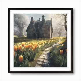 Stone House Country Garden with Tulips Art Print
