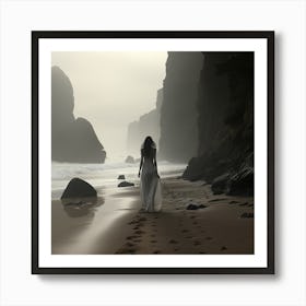 Woman Walking On The Beach Art Print