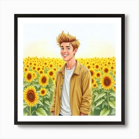 Watercolor Of Justin Bieber Standing In A Sunflower Field, Smiling Art Print