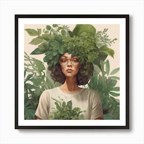 Girl With Plants On Her Head Art Print