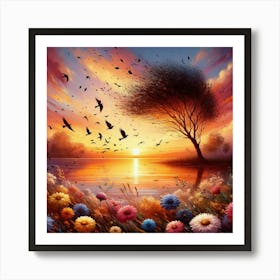 Sunset With Birds 1 Art Print