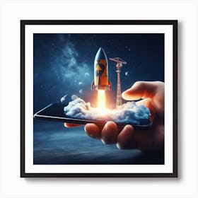 Hand Holding Smartphone With Rocket Launch Art Print