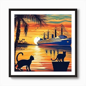 Sunset Cats On The Beach Art Print