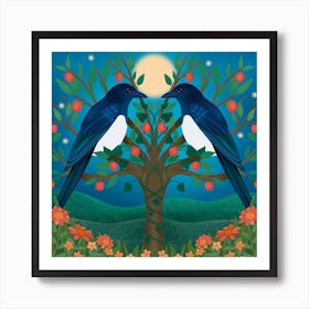 Magpies Under The Moon Square Art Print