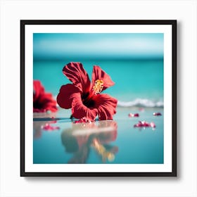 Blue Ocean and Red Hibiscus Flowers Art Print