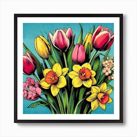 Tulips and Daffodils, pop art Art Print