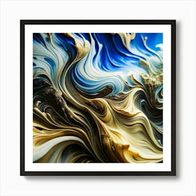 Abstract, swirling patterns of gold, white, and blue paint. Art Print