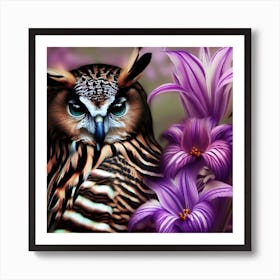 Owl With Purple Flowers 5 Art Print