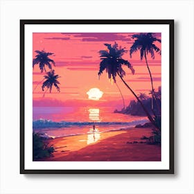 The Pixelated Beach Scene With A Vibrant Orange An Art Print