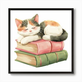 Cat Sleeping On Books Art Print