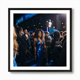 A Sexy Black Woman In A Blue Latex Dress in Distance With A On the Blue Carpet- Created by Midjourney Art Print