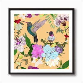 Orchid, Alstromerias And Cute Humming Birds Pattern Square Art Print