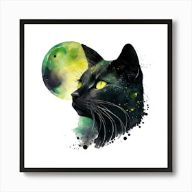 Black Cat With Moon Animal Wall Art Art Print