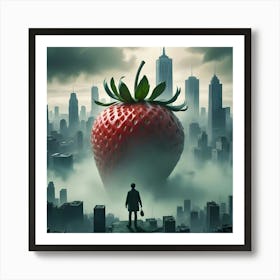 A Man In A Coat Standing On A Rooftop With A Giant Strawberry In The Foreground Art Print