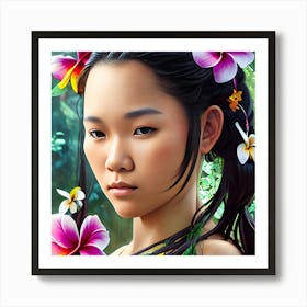 Beautiful Young Thai Woman Portrait With Tropical Flower Art Print