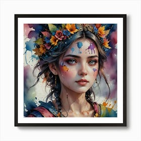 Girl With Flowers On Her Head 1 Art Print