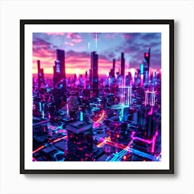 Augmented Reality Interface Holographic Elements Cascading Over A Bustling Cityscape At Dusk Neon 789043003 (2) Art Print