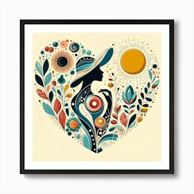 Woman Silhouette Flowers Nature Sun Abstract Floral Decorative Botanical Art Art Print