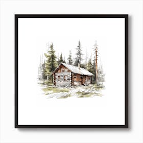 Simple Log Cabin In The Woods Sketch Art Print