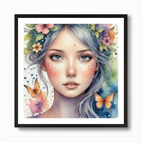 Watercolor Girl With Butterflies Art Print