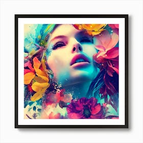 Portrait Of A Woman With Flowers Art Print