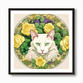 Cat With Yellow Roses Art Print