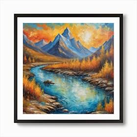 Vintage sunset  mountain and  river Art Print