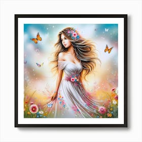 Beautiful Girl With Butterflies Art Print