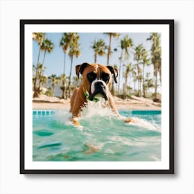A dog boxer swimming in beach and palm trees 5 Art Print