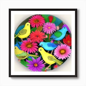 Colorful Birds And Flowers Art Print