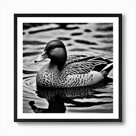 Female Brown Mallard Duck Floating Black And White Art Print