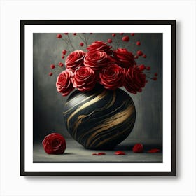 Black Vase With Red Roses Art Print